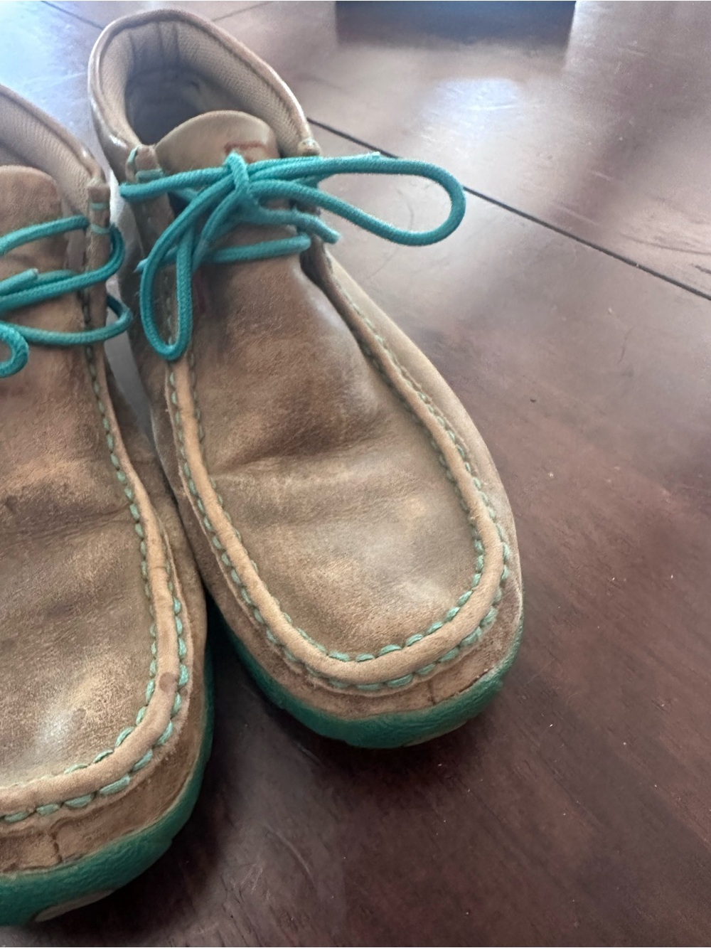 Ariat Brown Suede Moccasin Flats with Teal Laces - Picture 2 of 4